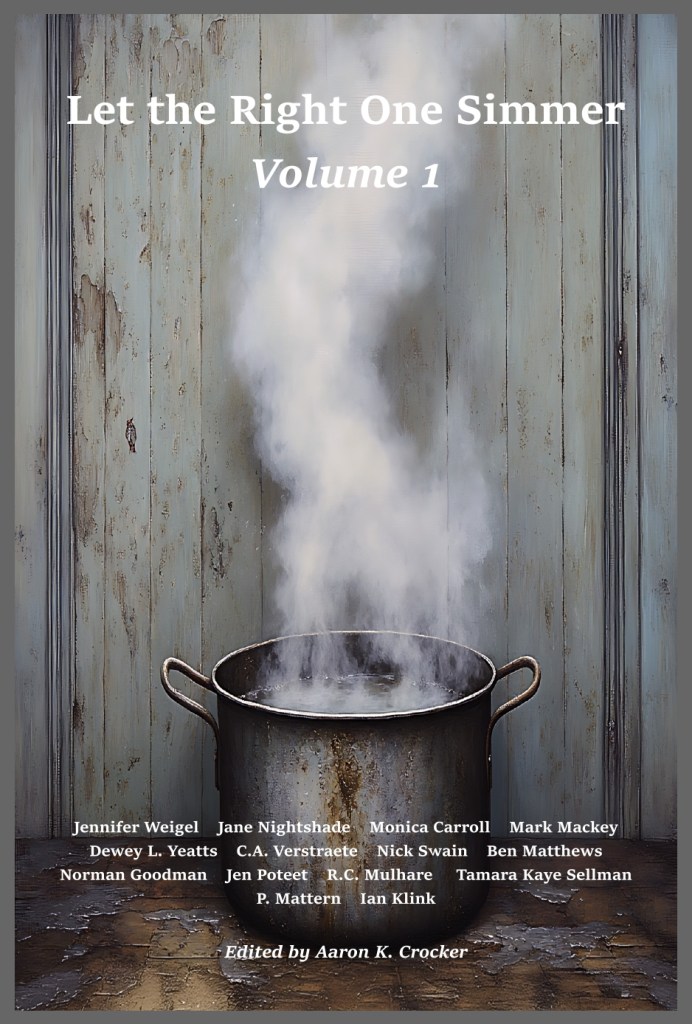 Cover of 'Let the Right One Simmer, Volume 1' featuring a steaming pot on a wooden background.