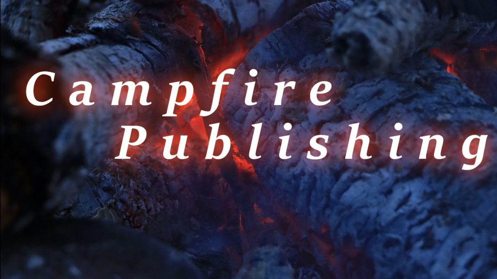 Text overlay of 'Campfire Publishing' against a background of glowing embers and burnt wood.