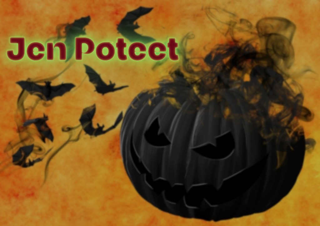 A spooky Halloween-themed image featuring a black pumpkin with a mischievous face and smoke swirling around it, accompanied by flying bats against an orange background.