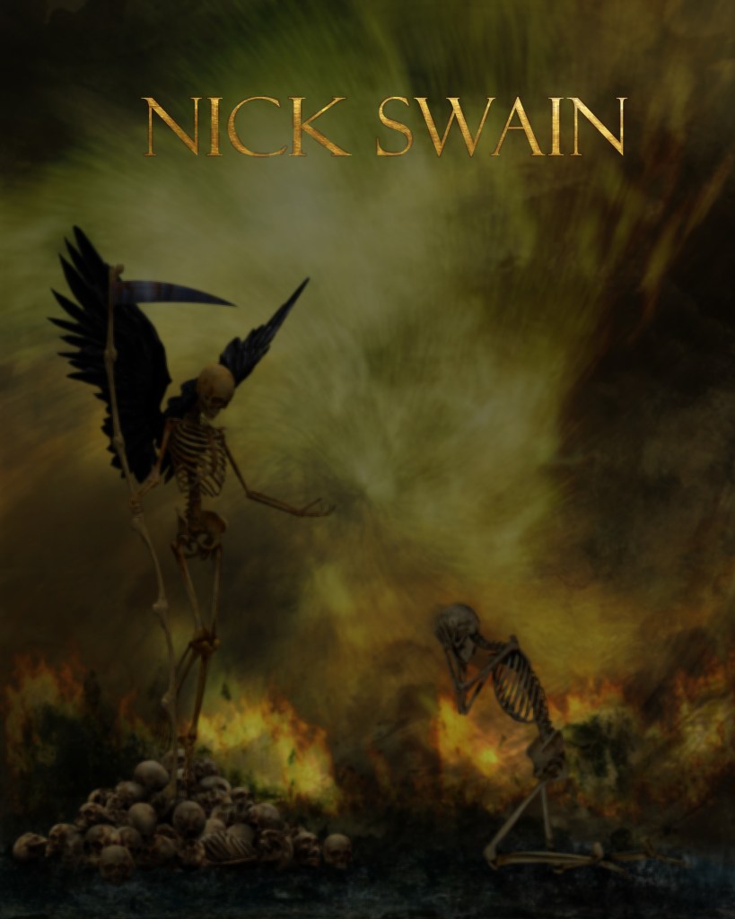 A dark and dramatic illustration featuring two skeletons, one with wings and a scythe, confronting another skeleton in a distressed pose, set against a fiery and ominous background.